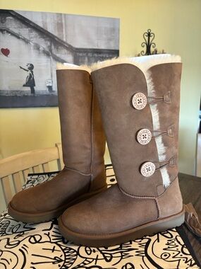 UGG Tall Bailey Button Boots in Chestnut Brown with Shearling Trim